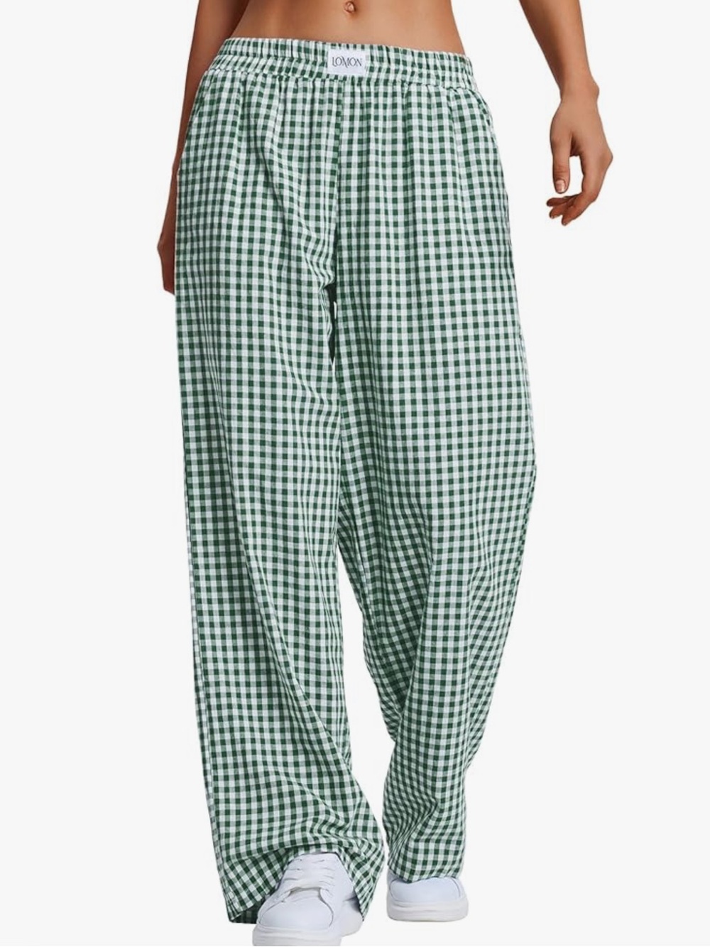 Women’s striped gingham boxer pant wide leg medium green and white plaid bottoms